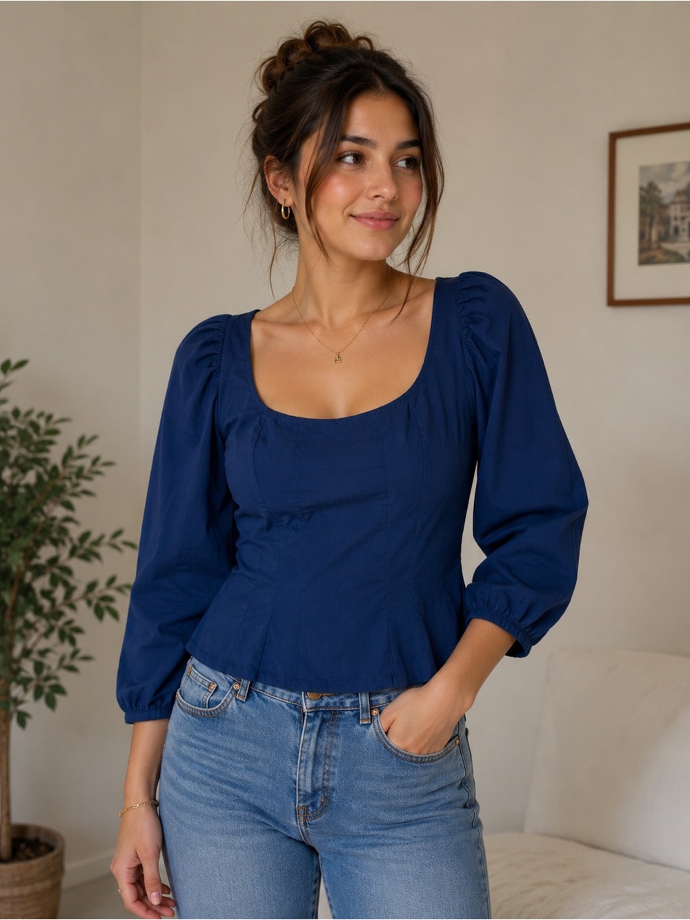 Staud Blue Cotton Scoop Square Neck Puff Sleeve Blouse 4 - Picture 1 of 5